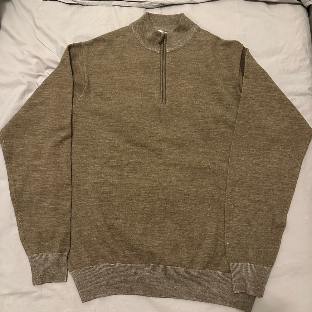 Peter Millar Tan Zip Up Sweater with Stand-Up Collar | Merino Wool